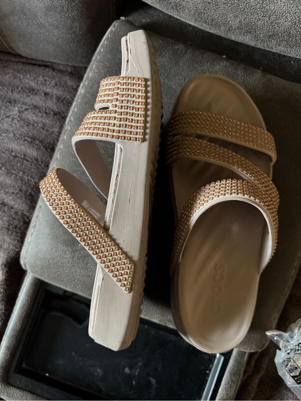CROCS Women’s Gold Crystal Three-Strap Slide Sandals - Picture 2 of 3